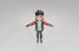 Stylized cartoon boy with spiky dark hair stands smiling with arms wide open