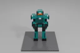 Teal and black armored robot stands ready with clenched fists, slightly bent