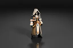 Stylized character in a hooded robe with a skull mask, cross symbols, and
