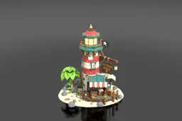 Cartoonish pirate-themed lighthouse called "Lantern Rock" on a tiny tropical