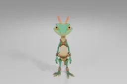 Cartoon lizard character with bright green scales, yellow underbelly, big