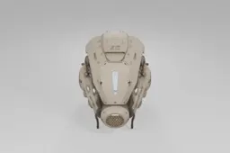 Futuristic, armored helmet in matte tan features glowing blue lights, an