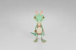Cartoon lizard character with bright green scales, yellow underbelly, big