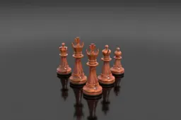 Polished mahogany chess king piece with an ornate crown finial and beveled