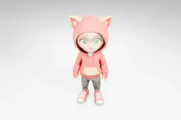 Small doll with a pink hoodie and grey pants