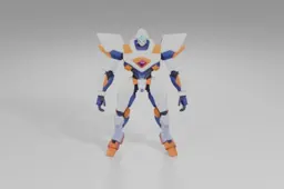 Futuristic humanoid robot clad in white, blue, and orange armor stands