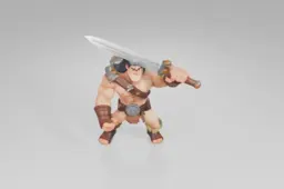 Muscular cartoon barbarian character with long black hair stands firmly