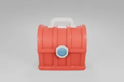 Bright red treasure chest with a curved lid and white handle, decorated with