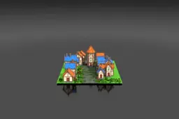 Stylized medieval village: cobblestone lane between half-timbered houses with
