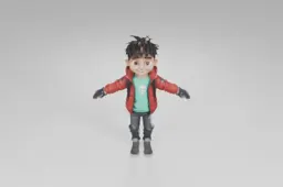 Stylized cartoon boy with spiky dark hair stands smiling with arms wide open