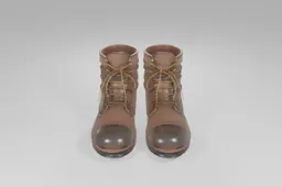 Brown leather lace-up boots with rugged black rubber soles, featuring multiple
