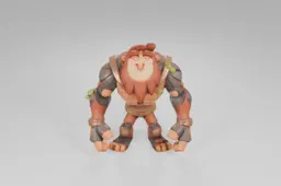 Cartoonish golem character with a rugged wooden texture and green moss
