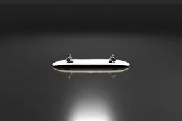 Black and white photograph of a skateboard