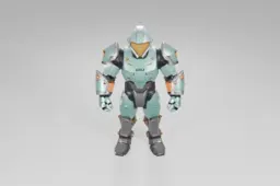 Humanoid robot stands upright, clad in teal and black futuristic armor with