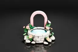 Round stone wishing well with a pink arched frame, filled with blue water, is