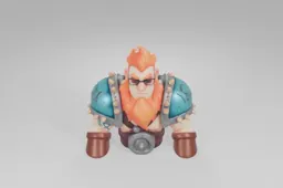 Muscular cartoon warrior with bright orange hair and beard wears dark