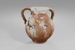 Brown ceramic jug with a single handle shows extensive surface cracks and