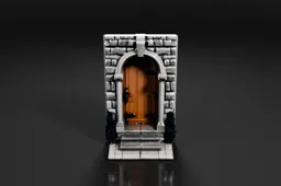 Wooden arched door with iron hinges and a handle is set in a stone frame