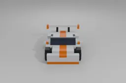 White sports car with orange accents and a large rear wing is viewed from the