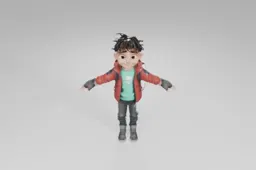 Stylized cartoon boy with spiky dark hair stands smiling with arms wide open