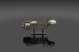 Spine-truss sci-fi carrier model with exposed hangar cradle and fighter craft
