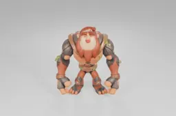 Cartoonish golem character with a rugged wooden texture and green moss