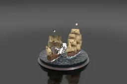 Two miniature pirate ships in combat on a resin ocean diorama base