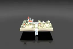 Open storybook page transforming into a low-poly 3D fantasy village: a