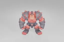 Muscular cartoon warrior with bright red skin and a fierce expression stands