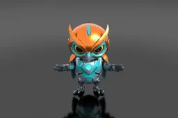 Chibi-style robotic owl companion with round LED eyes and articulated metal