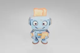 Blue robot with large eyes and a wide smile holds a slice of toast, while two