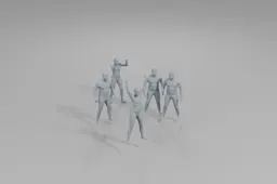 Group of six 3D models of human figures standing in a line on a plain white