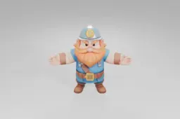 Cartoonish bearded dwarf in blue miner attire stands with arms wide open