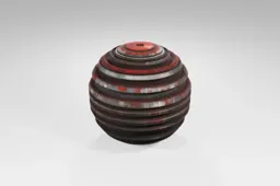 Spherical object with a red and black striped pattern