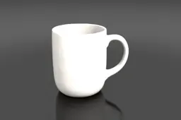 White ceramic mug with a handle on one side and a curved handle on the other