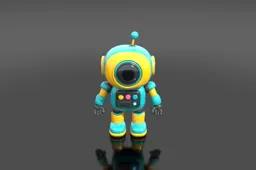 Cute rounded cartoon toy robot, glossy teal and yellow plastic