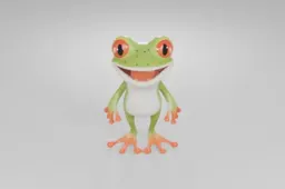 Cheerful cartoon frog with bright orange eyes, green spotted skin, a white