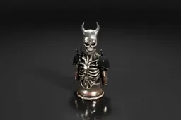 Menacing skull figure with glowing mismatched eyes, inscribed runes on its