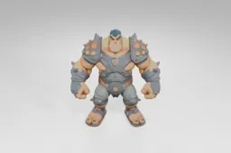 Muscular cartoon warrior stands with a fierce expression, armored in gray