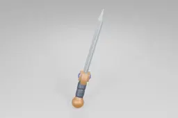 Silver sword with a shiny, double-edged blade features a gold cross-guard