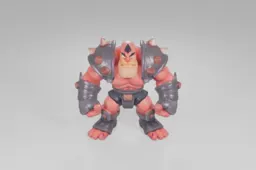 Muscular cartoon warrior with bright red skin and a fierce expression stands
