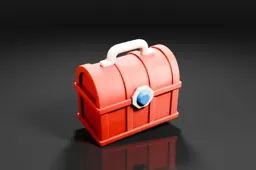 Red cartoon-style treasure chest with a white handle and a blue gem on the