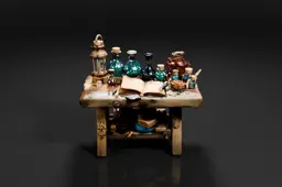 Small wooden table with various objects on it