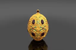 Ornate Fabergé-style jeweled egg with intricate gold filigree lattice and