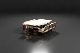 Large wooden table set for eight, surrounded by mixed chairs and benches
