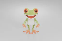 Cheerful cartoon frog with bright orange eyes, green spotted skin, a white