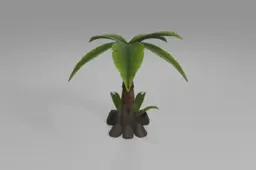 Stylized cartoon palm tree with large segmented green leaves, a curved brown