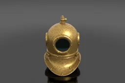 Vintage brass diving helmet, riveted brass, thick glass viewports
