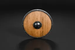Round wooden shield with a black metal rim