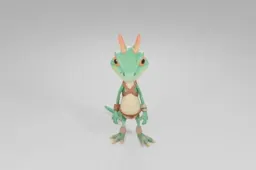 Cartoon lizard character with bright green scales, yellow underbelly, big